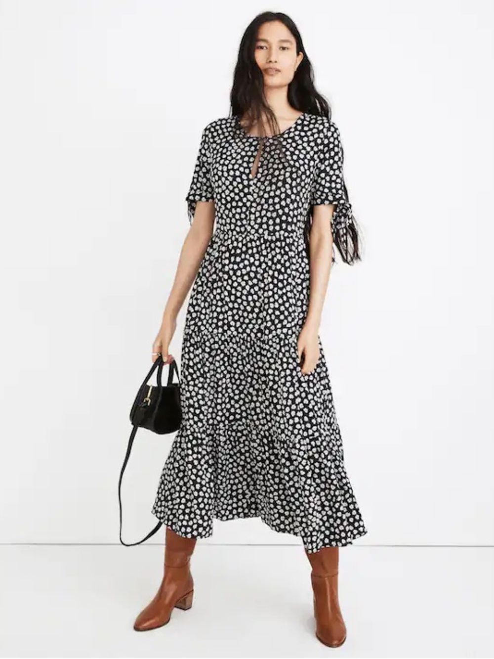 Madewell Tie-Sleeve Tiered Midi Dress in Woodcut Flowers